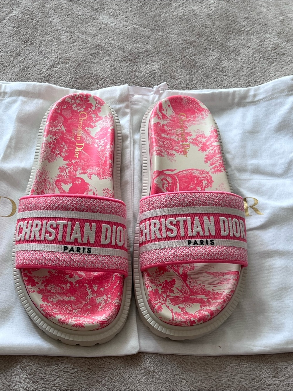 Christian Dior Dway Pink Toile de Jouy Embroidered Slide Sandals Authentic